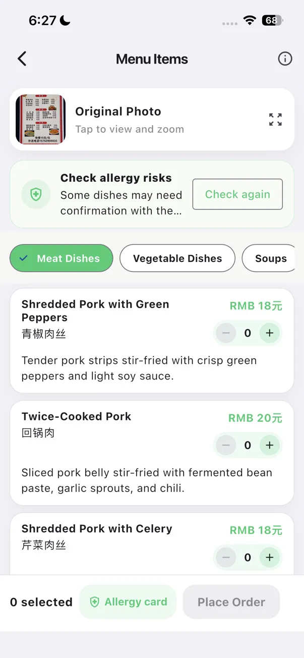 TravelPanda Menu Items screen showing an original menu photo, translated dishes, prices, and an allergy reminder