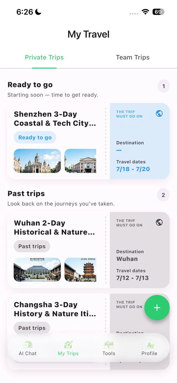 TravelPanda My Travel screen showing ready-to-go and past China itineraries